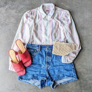 Vintage Betsy's Things Pastel Striped Collared Asymmetric Button Shirt